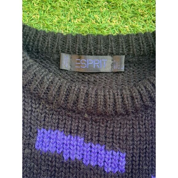 ESPRIT VINTAGE 80’s MCM WOOL ABSTRACT PRINT PURPLE CREW NECK SWEATER sz L - Picture 4 of 7